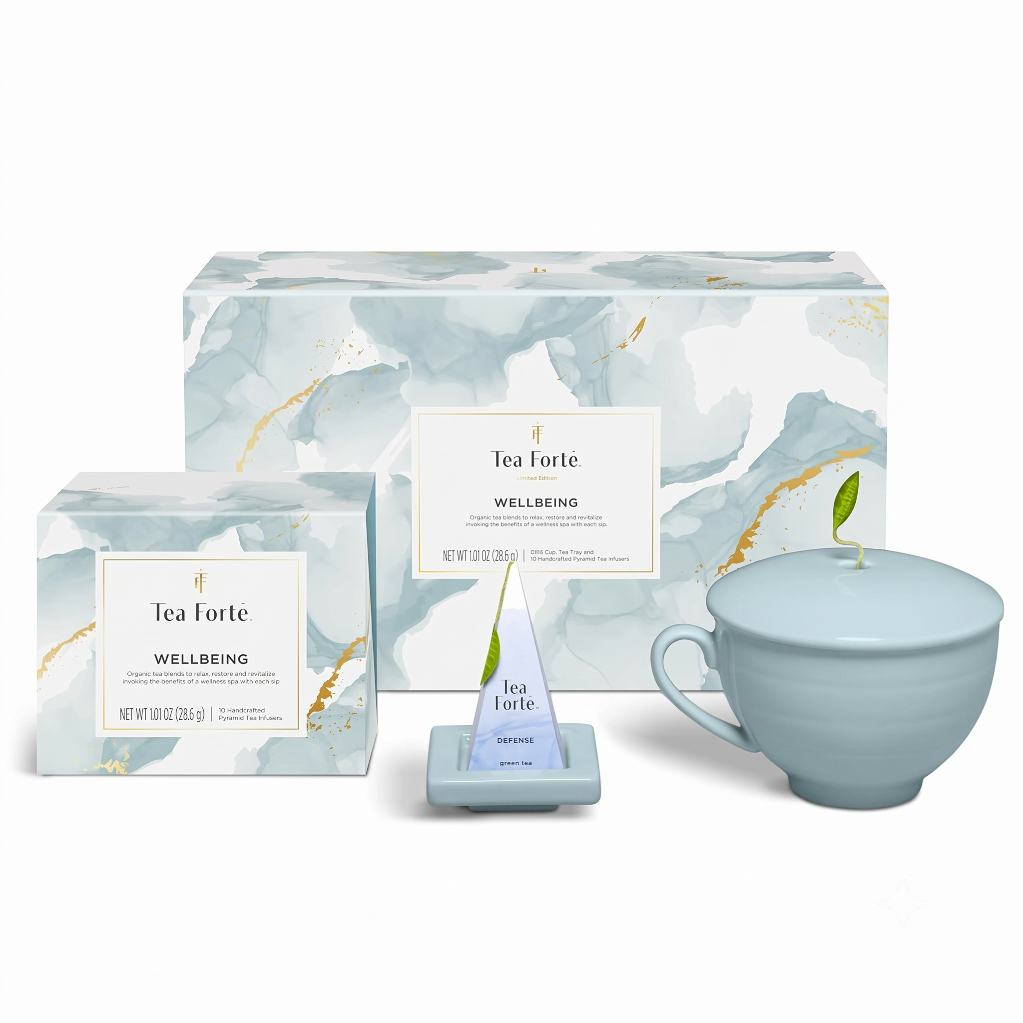Tea Forte Gift Set with Cafe Cup, Tea Tray, Mini Presentation Box with 10 Handcrafted Pyramid Infuser Tea Bags, Wellbeing Tea
