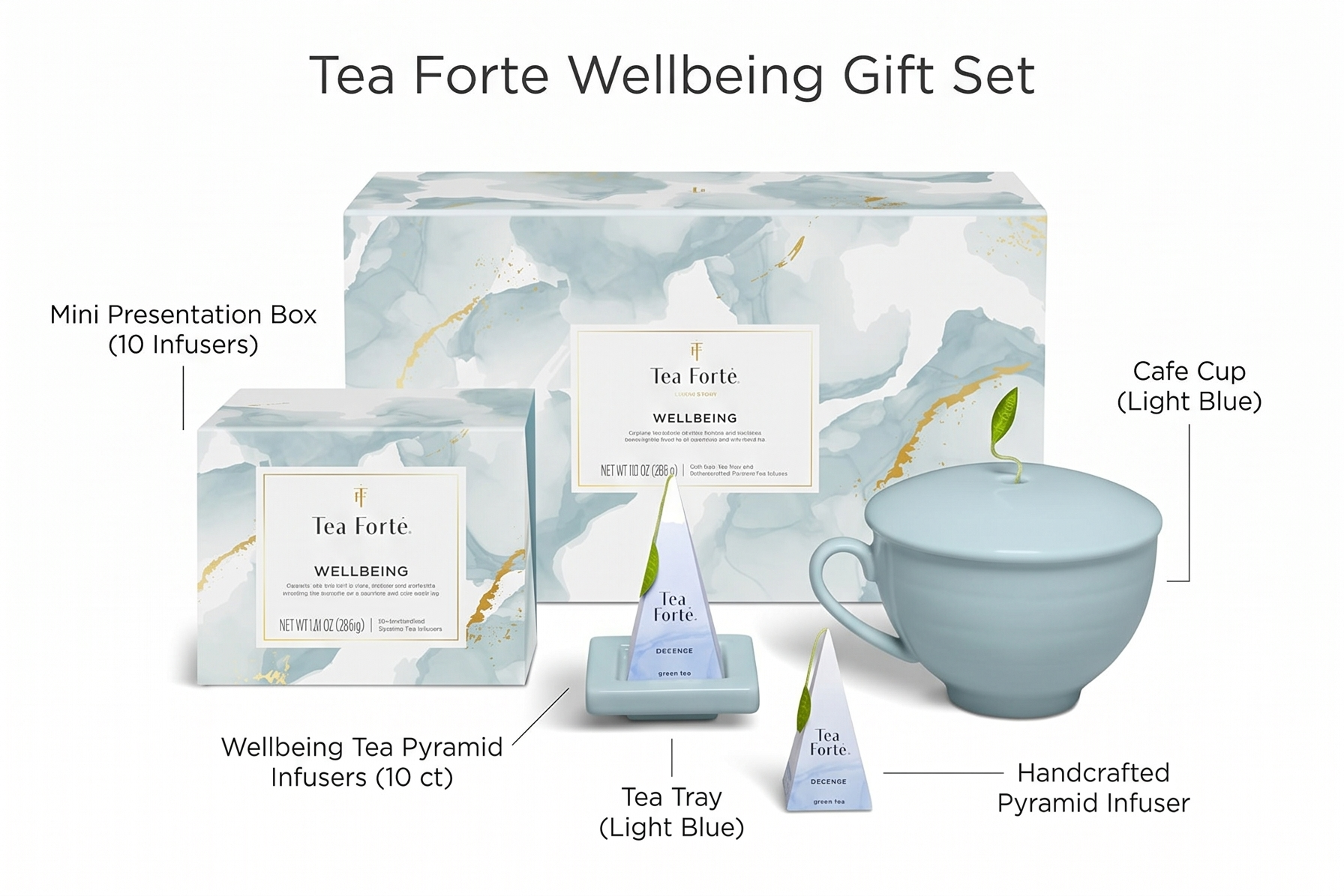 Tea Forte Gift Set with Cafe Cup, Tea Tray, Mini Presentation Box with 10 Handcrafted Pyramid Infuser Tea Bags, Wellbeing Tea