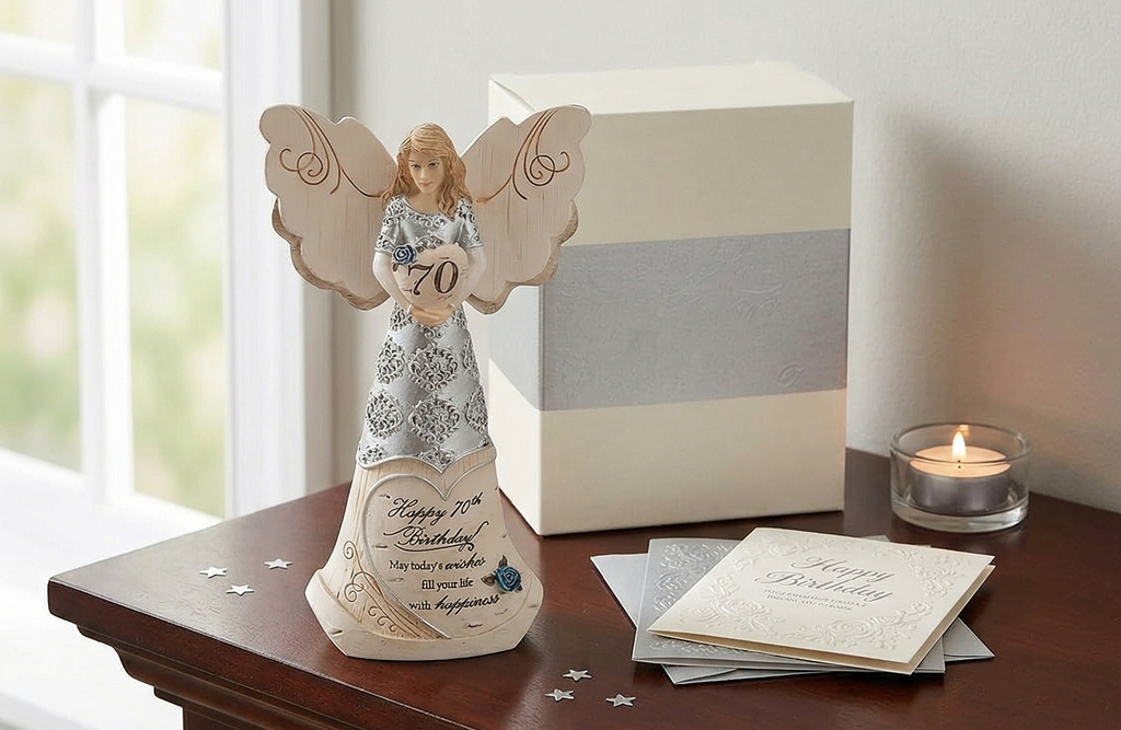 Pavilion 'Happy 70th Birthday' 82416 Elements Angels - Polyresin Birthday Angel Figurine - Silver Hand-Painted Remembrance and Keepsake Gift Angel for Grandmothers, Mothers, Aunts, Friends, Women