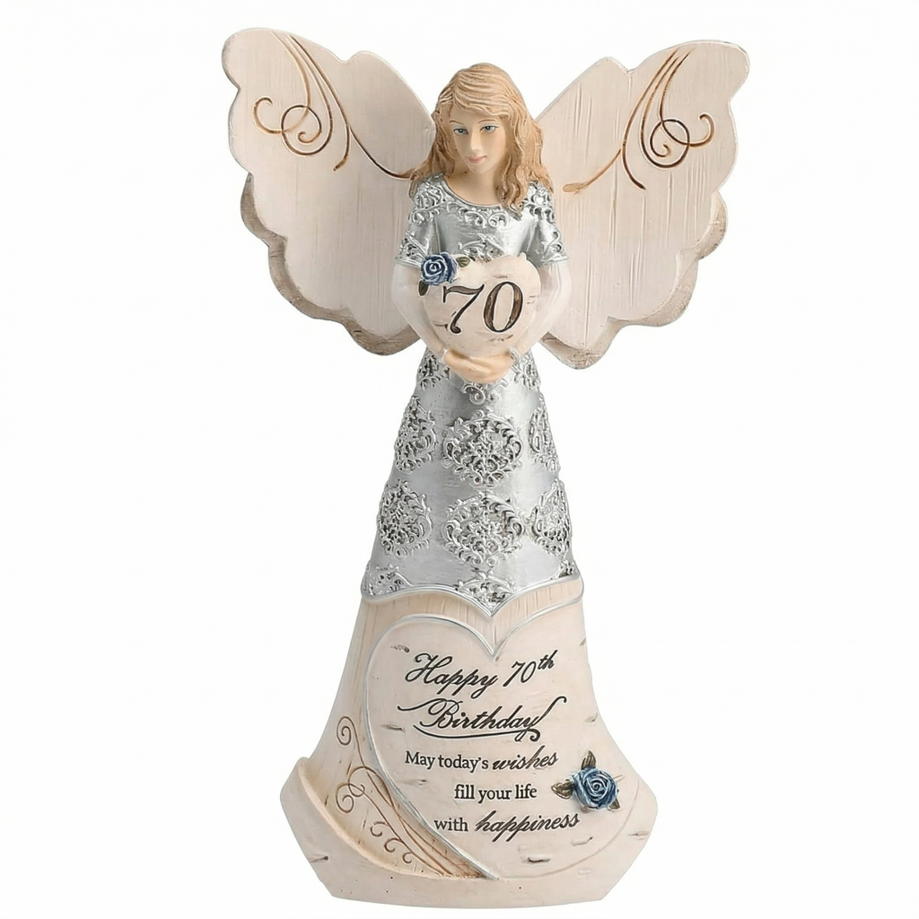 Pavilion 'Happy 70th Birthday' 82416 Elements Angels - Polyresin Birthday Angel Figurine - Silver Hand-Painted Remembrance and Keepsake Gift Angel for Grandmothers, Mothers, Aunts, Friends, Women