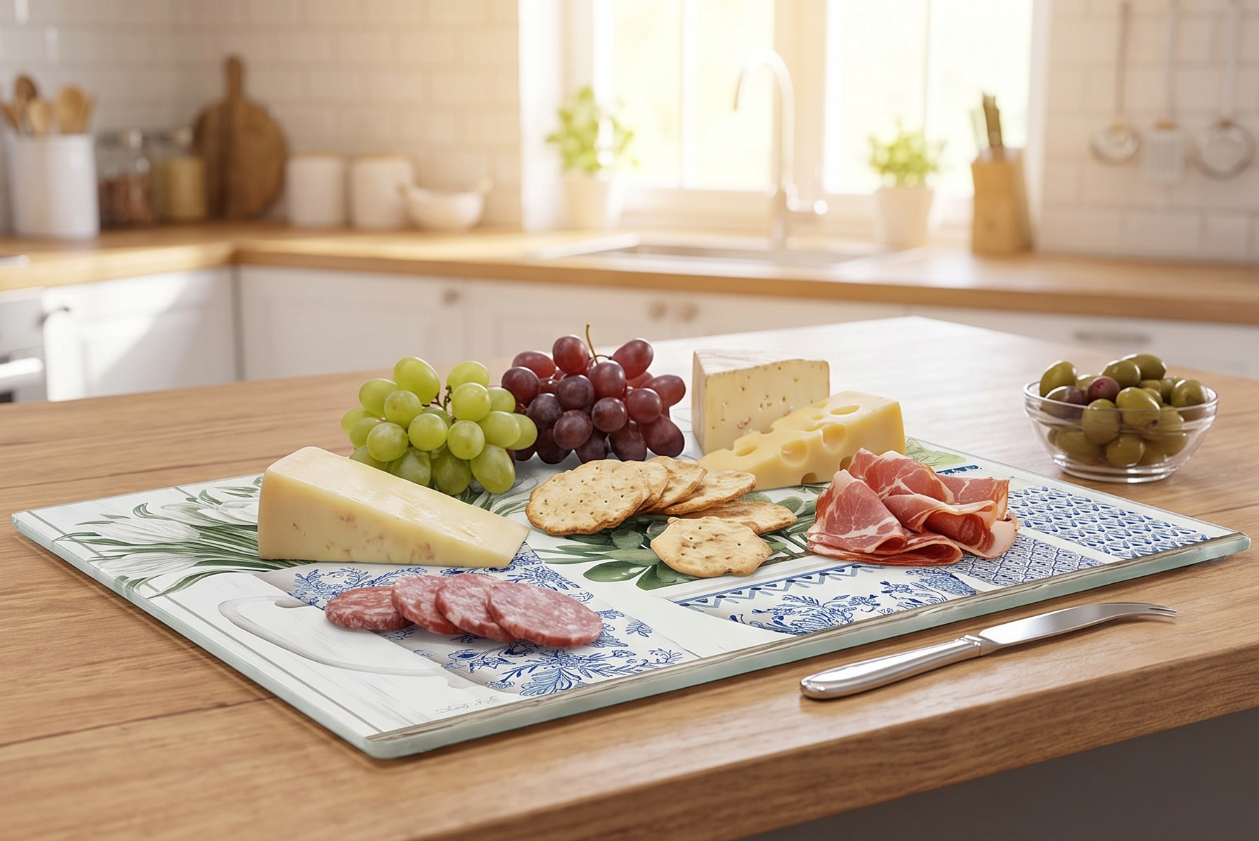CounterArt Blue & White Pottery 3mm Tempered Glass Cutting Board 15” x 12” Manufactured in the USA Serving Board Charcuterie Board