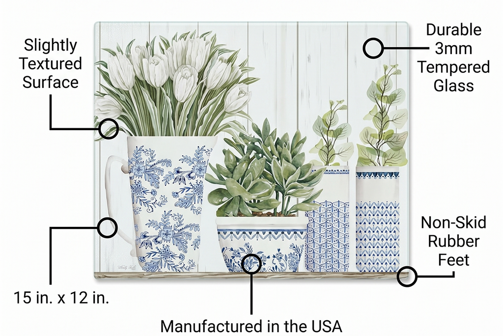 CounterArt Blue & White Pottery 3mm Tempered Glass Cutting Board 15” x 12” Manufactured in the USA Serving Board Charcuterie Board