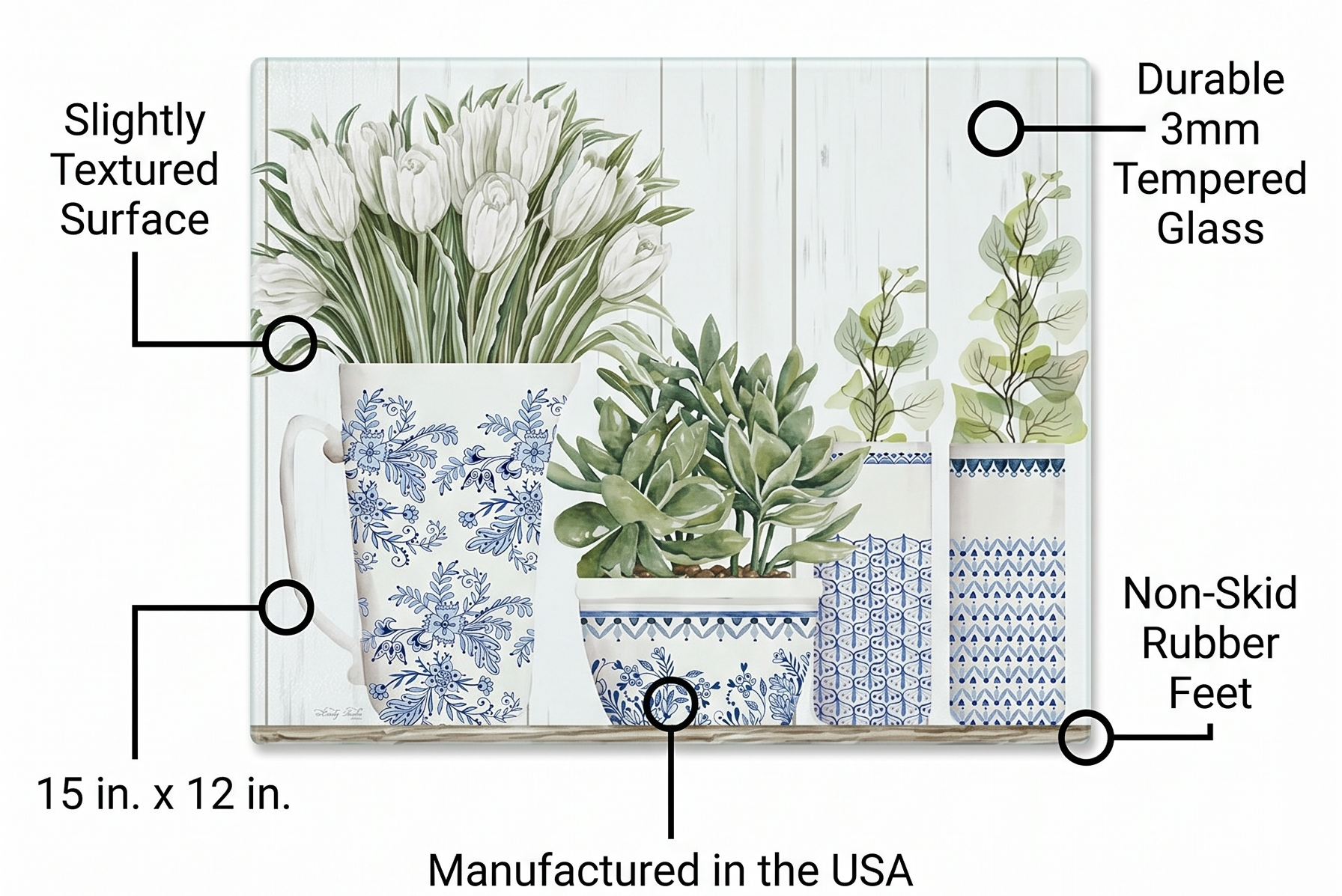 CounterArt Blue & White Pottery 3mm Tempered Glass Cutting Board 15” x 12” Manufactured in the USA Serving Board Charcuterie Board