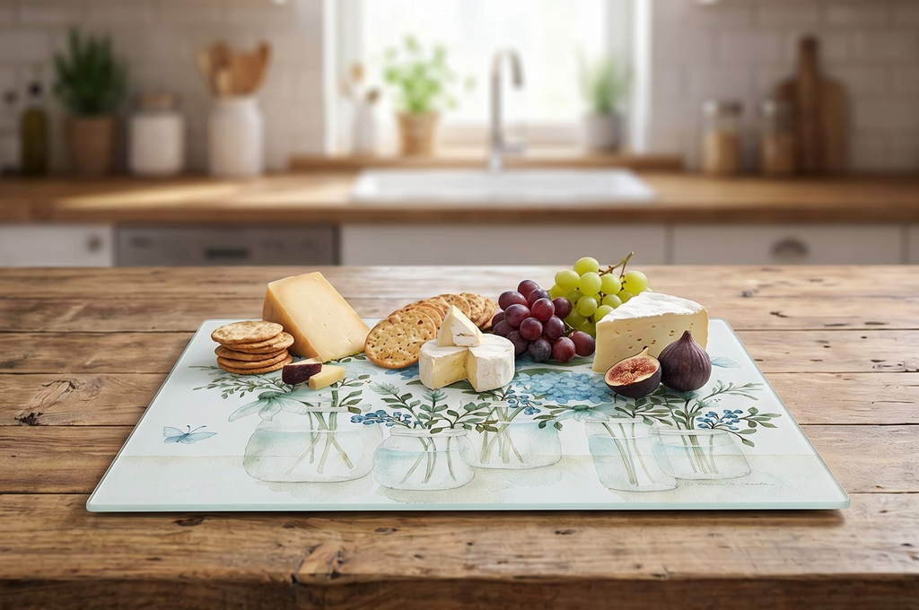 CounterArt Mason Jar Florals 3mm Tempered Glass Cutting Board 15” x 12” Serving Board Charcuterie Board
