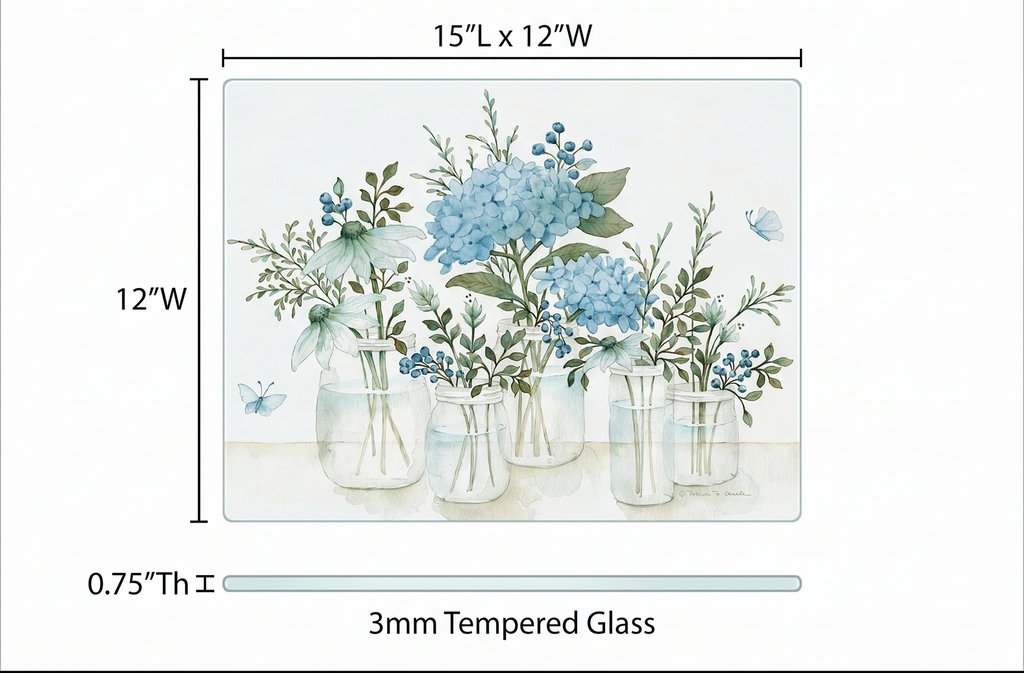 CounterArt Mason Jar Florals 3mm Tempered Glass Cutting Board 15” x 12” Serving Board Charcuterie Board