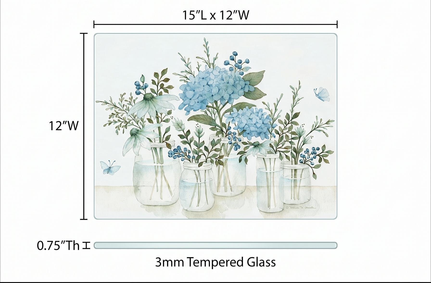 CounterArt Mason Jar Florals 3mm Tempered Glass Cutting Board 15” x 12” Serving Board Charcuterie Board