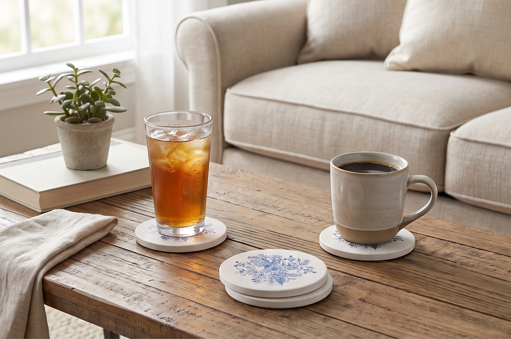 Thirstystone Blue & White Floral 4 Pack Absorbent Stone Coasters with Protective Cork Backing Manufactured in The USA Artistic Easily Wipes Clean