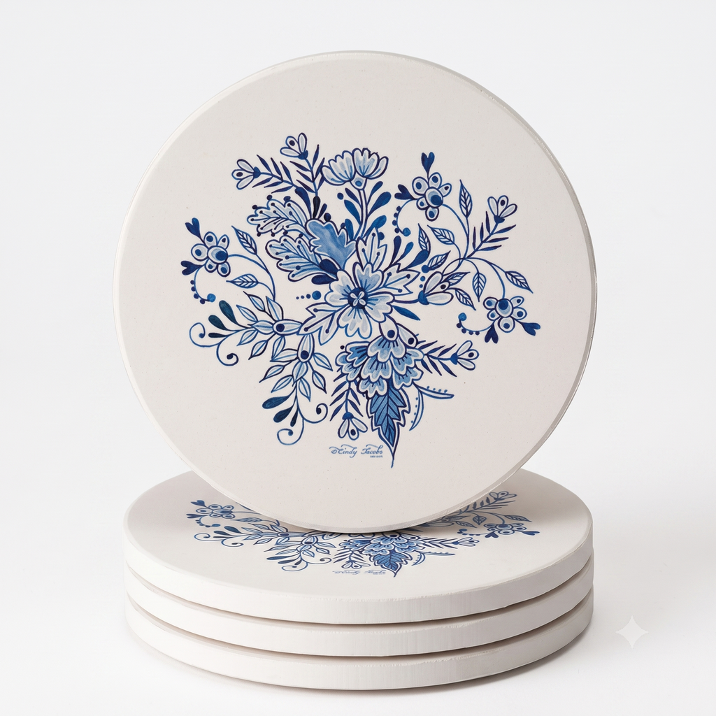 Thirstystone Blue & White Floral 4 Pack Absorbent Stone Coasters with Protective Cork Backing Manufactured in The USA Artistic Easily Wipes Clean