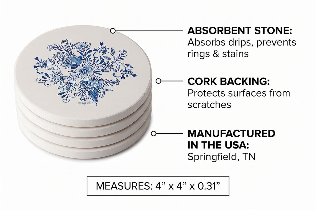 Thirstystone Blue & White Floral 4 Pack Absorbent Stone Coasters with Protective Cork Backing Manufactured in The USA Artistic Easily Wipes Clean