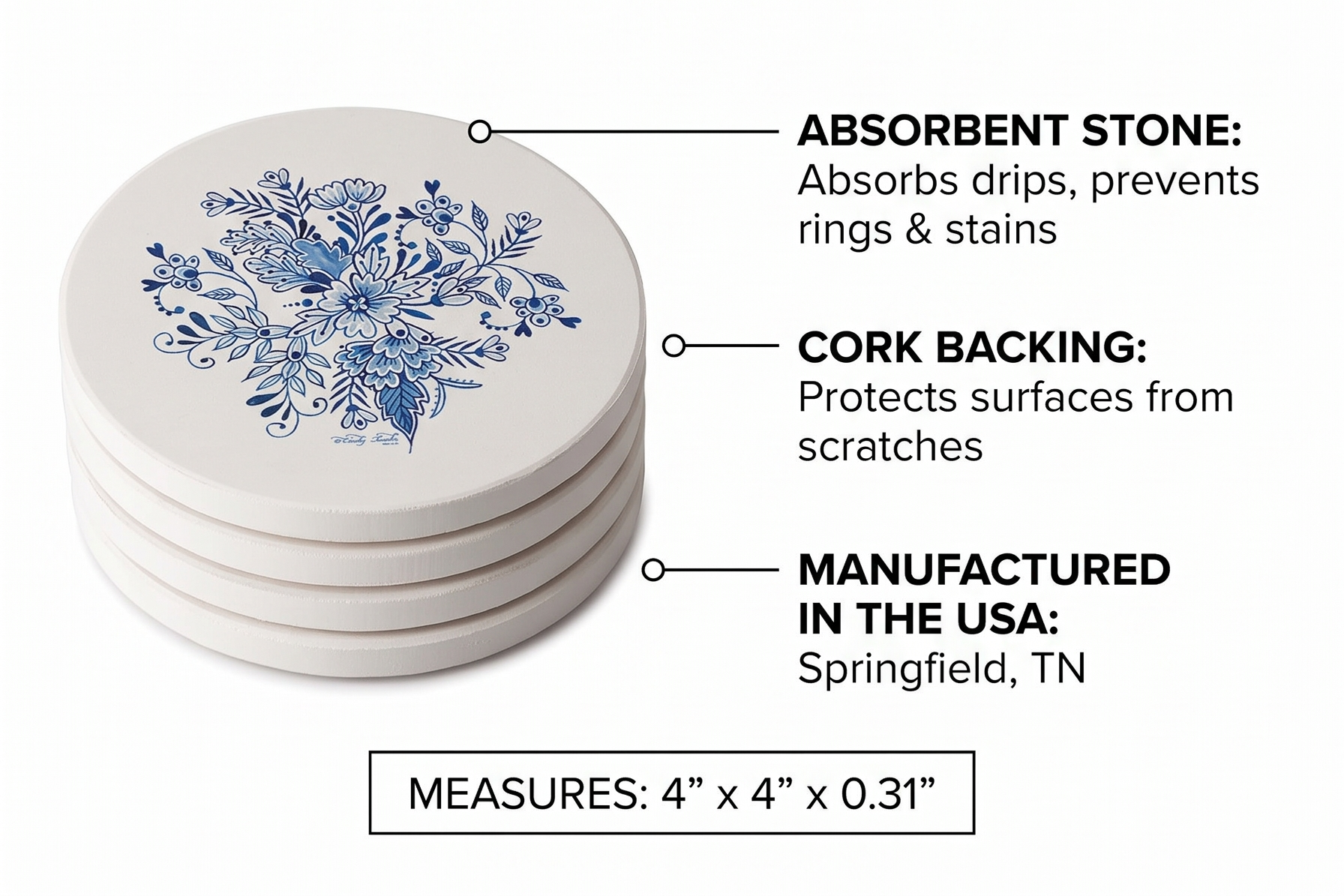 Thirstystone Blue & White Floral 4 Pack Absorbent Stone Coasters with Protective Cork Backing Manufactured in The USA Artistic Easily Wipes Clean