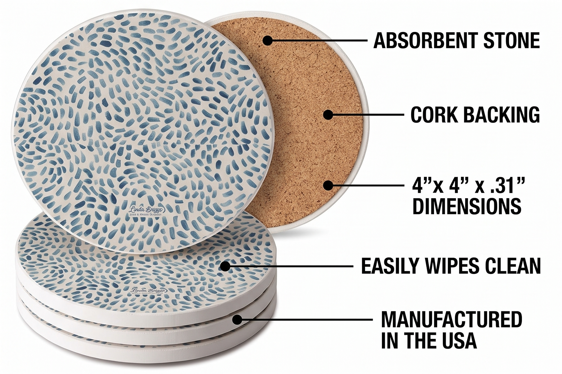 Thirstystone Drift Marks 4 Pack Absorbent Stone Coasters with Protective Cork Backing Manufactured in the USA Artistic Easily Wipes Clean