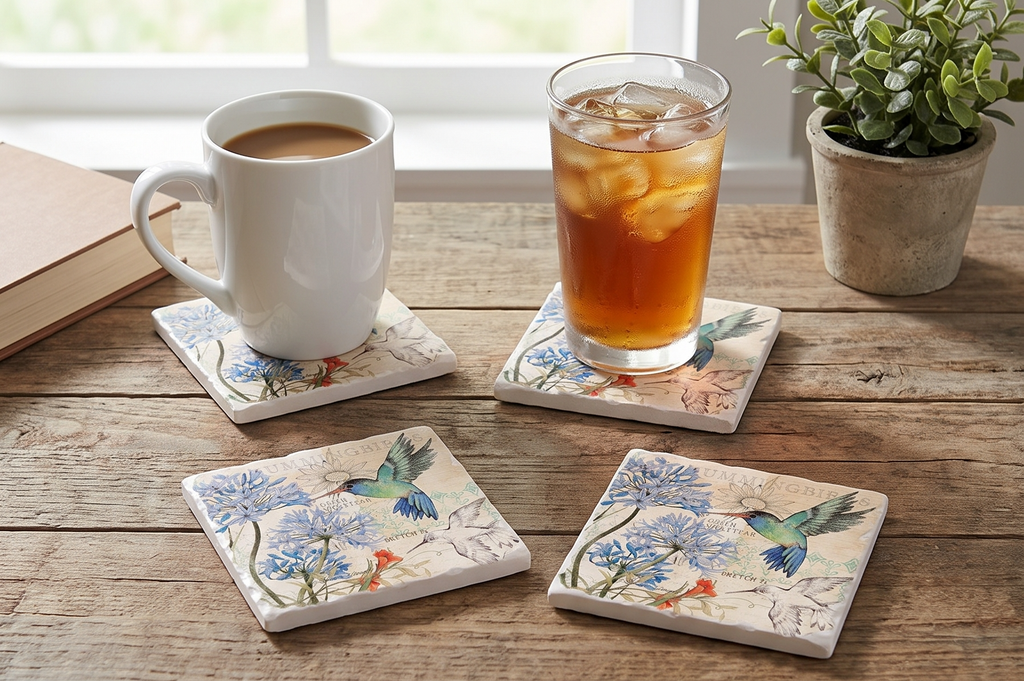 Thirstystone Flower Garden Designs 4 Pack Assorted Tumbled Tile Stone Coasters with Protective Cork Backing 4" Square Manufactured in The USA (Hummingbird Study)