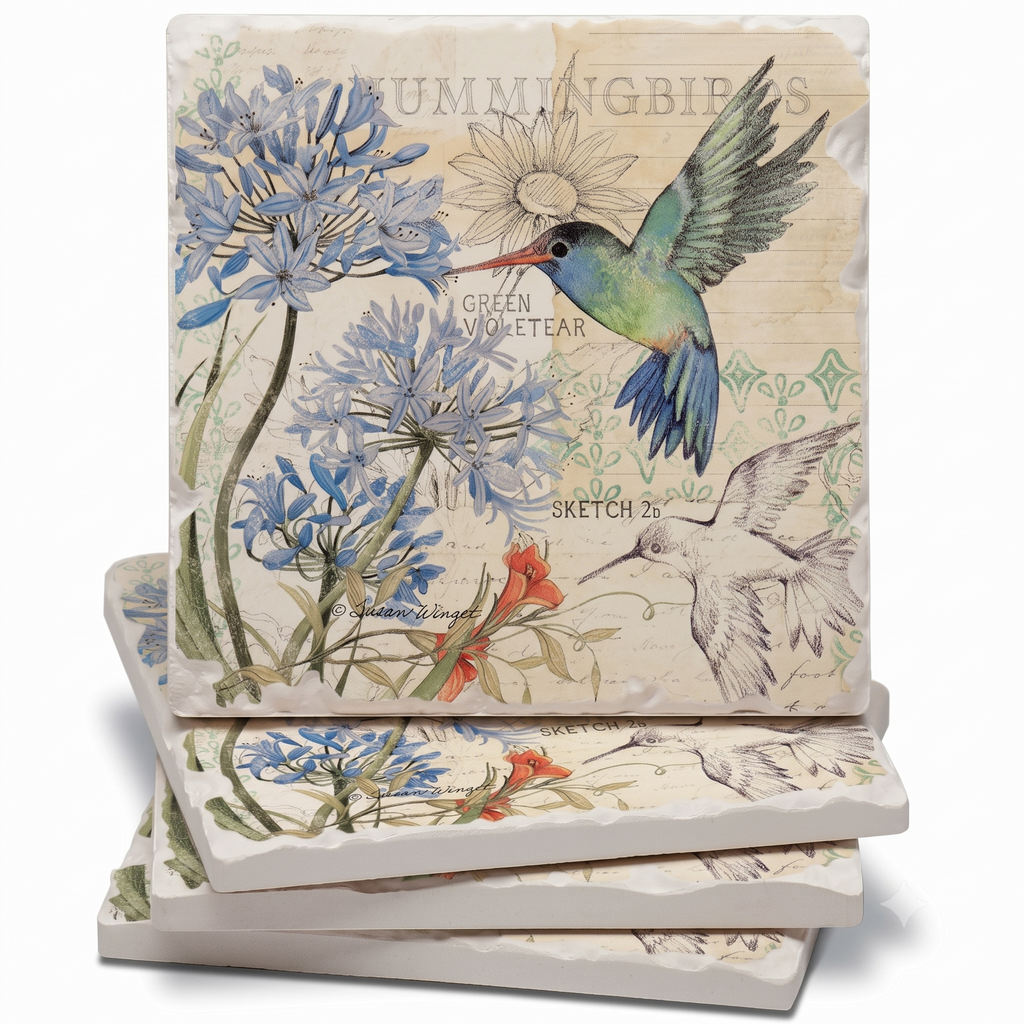 Thirstystone Flower Garden Designs 4 Pack Assorted Tumbled Tile Stone Coasters with Protective Cork Backing 4" Square Manufactured in The USA (Hummingbird Study)