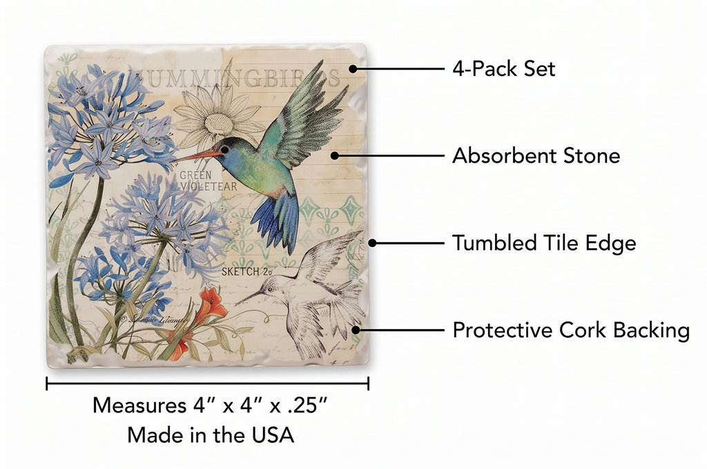 Thirstystone Flower Garden Designs 4 Pack Assorted Tumbled Tile Stone Coasters with Protective Cork Backing 4" Square Manufactured in The USA (Hummingbird Study)