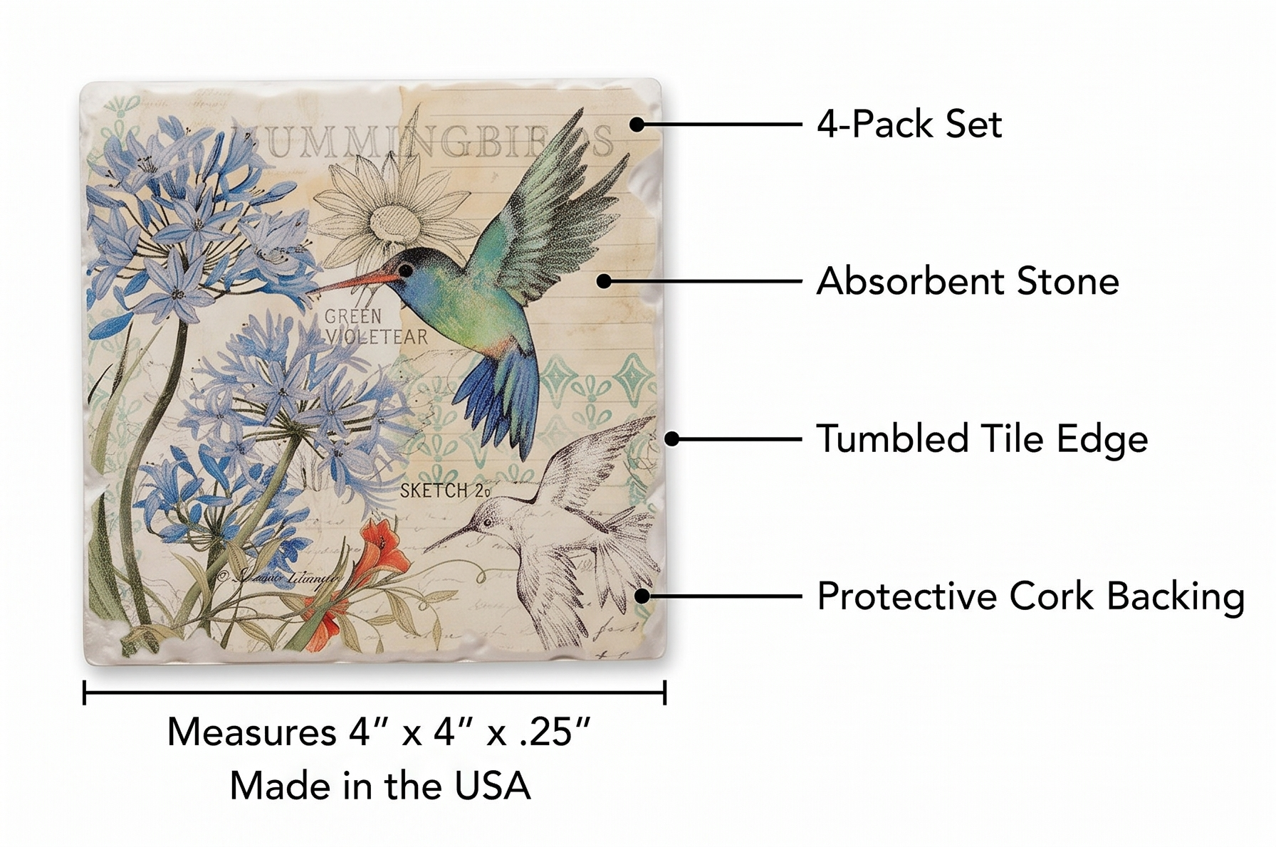 Thirstystone Flower Garden Designs 4 Pack Assorted Tumbled Tile Stone Coasters with Protective Cork Backing 4" Square Manufactured in The USA (Hummingbird Study)