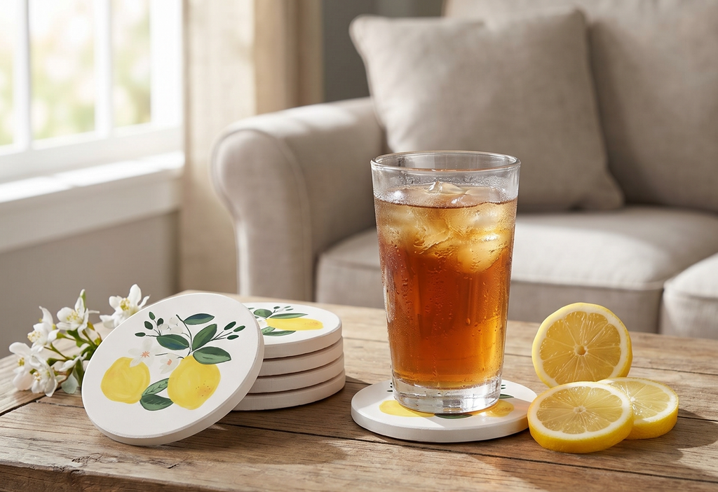 Thirstystone Lemon Blossom 4 Pack Absorbent Stone Coasters with Protective Cork Backing Manufactured in The USA Artistic Easily Wipes Clean