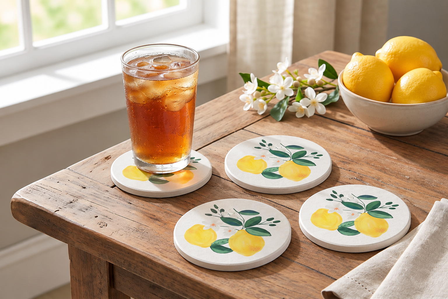 Thirstystone Lemon Blossom 4 Pack Absorbent Stone Coasters with Protective Cork Backing Manufactured in The USA Artistic Easily Wipes Clean