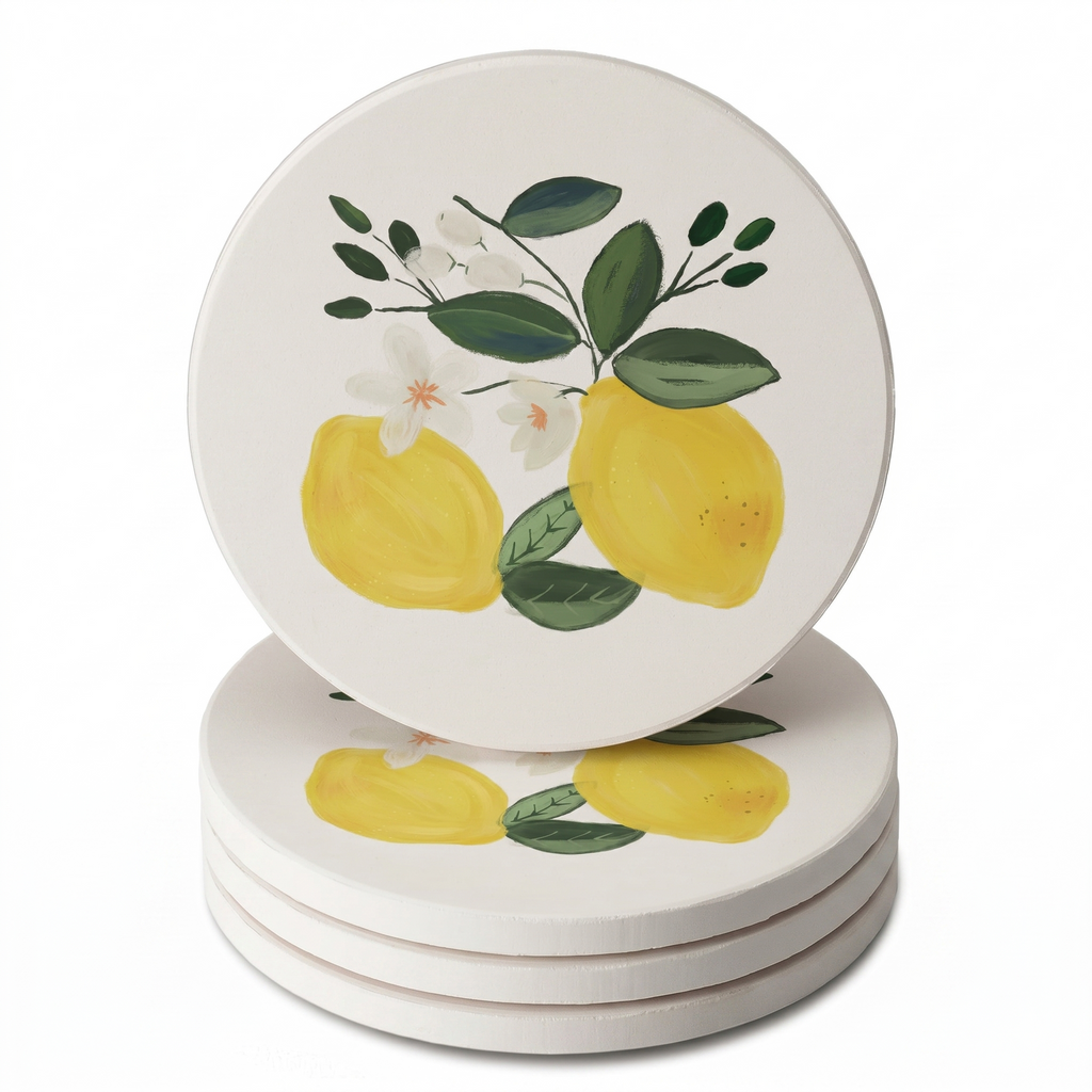 Thirstystone Lemon Blossom 4 Pack Absorbent Stone Coasters with Protective Cork Backing Manufactured in The USA Artistic Easily Wipes Clean