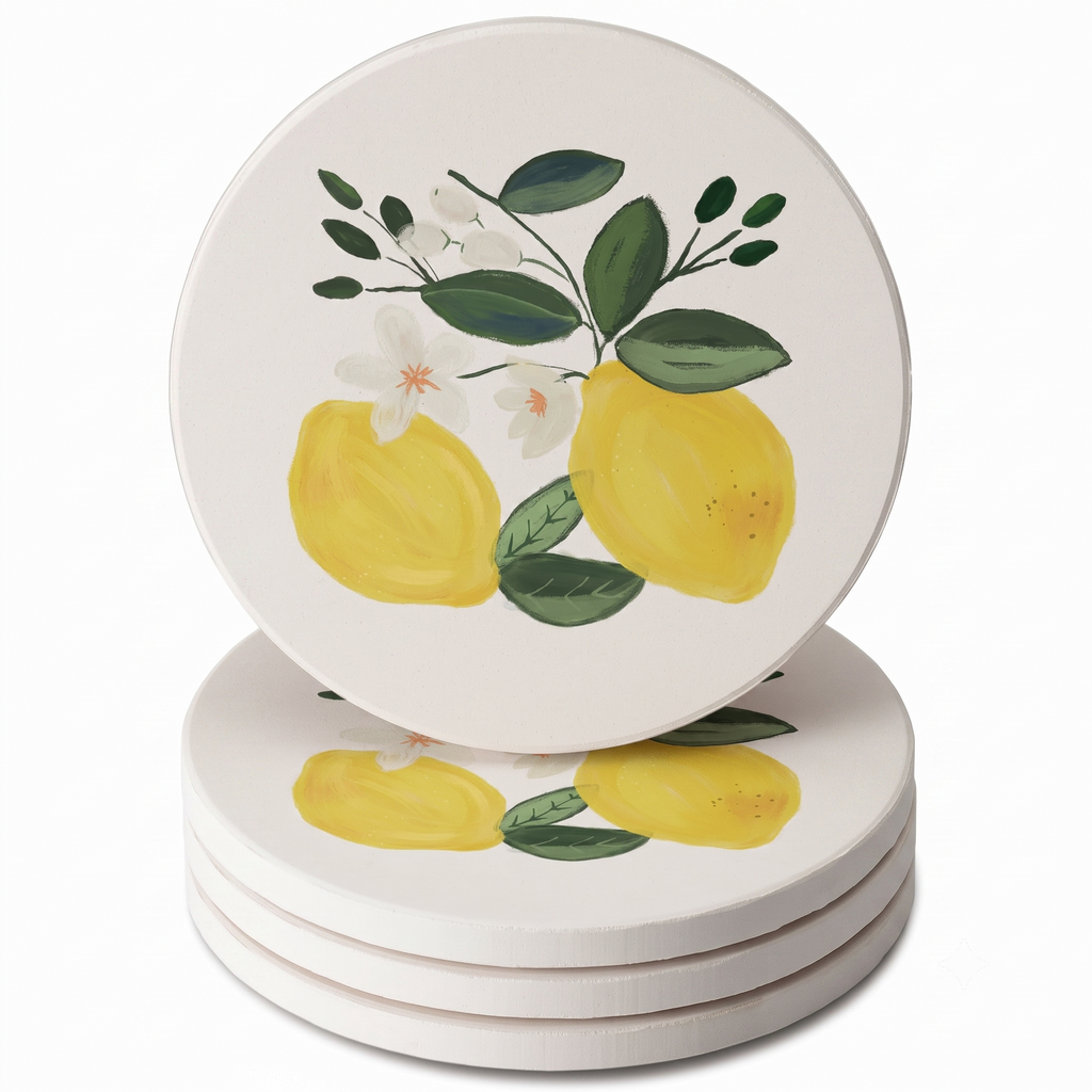 Thirstystone Lemon Blossom 4 Pack Absorbent Stone Coasters with Protective Cork Backing Manufactured in The USA Artistic Easily Wipes Clean