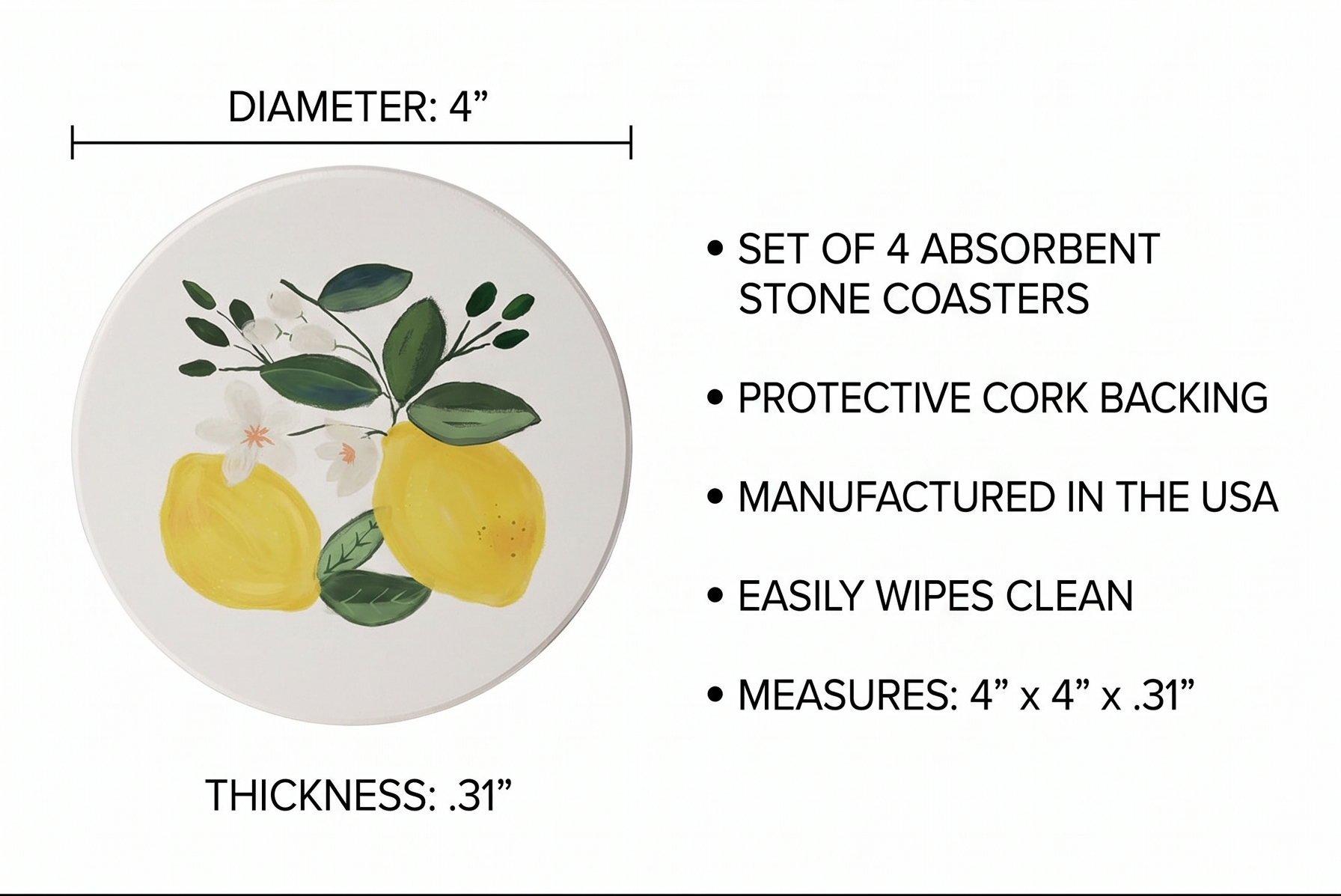 Thirstystone Lemon Blossom 4 Pack Absorbent Stone Coasters with Protective Cork Backing Manufactured in The USA Artistic Easily Wipes Clean