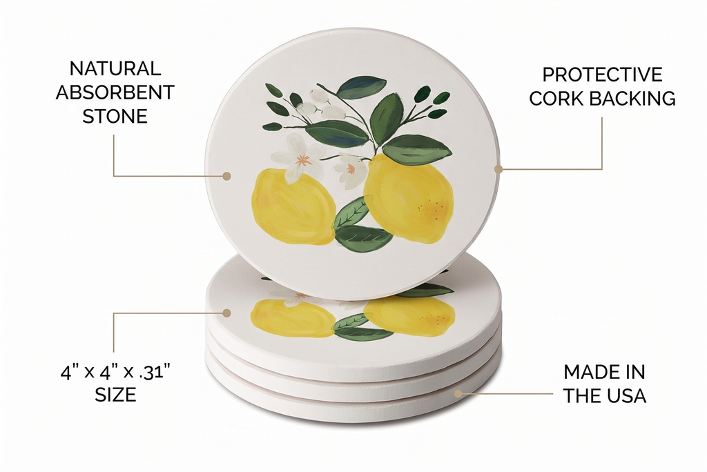 Thirstystone Lemon Blossom 4 Pack Absorbent Stone Coasters with Protective Cork Backing Manufactured in The USA Artistic Easily Wipes Clean