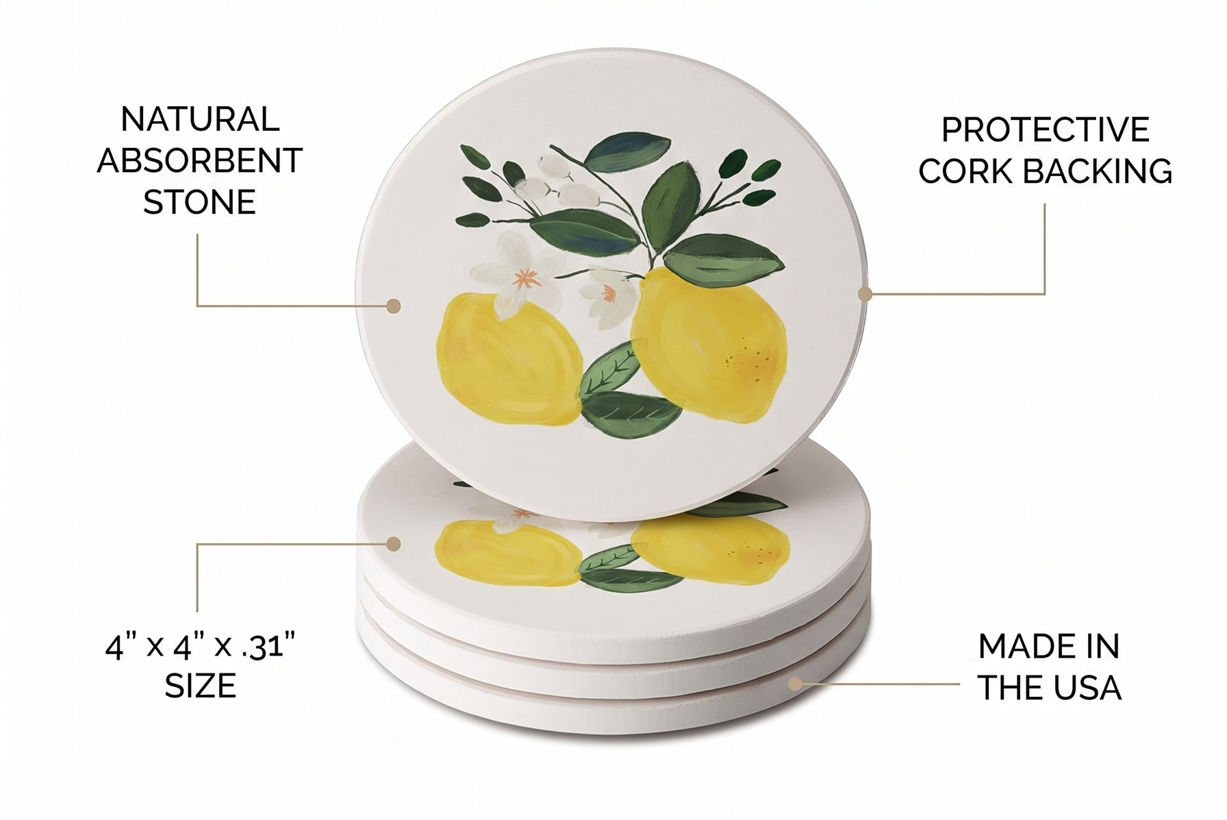 Thirstystone Lemon Blossom 4 Pack Absorbent Stone Coasters with Protective Cork Backing Manufactured in The USA Artistic Easily Wipes Clean