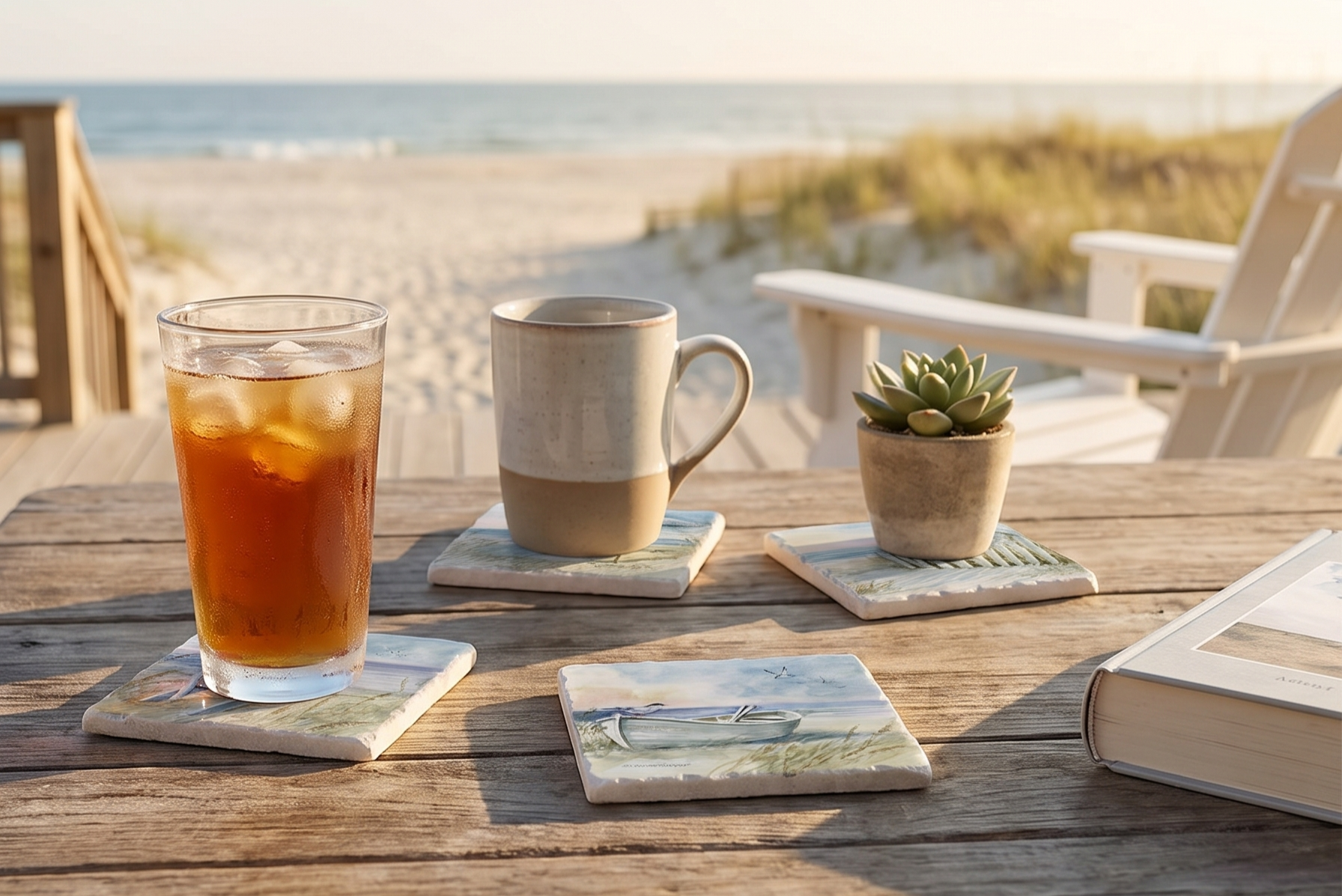 Thirstystone Coastal Sanctuary 4 Pack Assorted Tumbled Tile Stone Coasters with Protective Cork Backing Manufactured in The USA Absorbent Easily Wipes Clean
