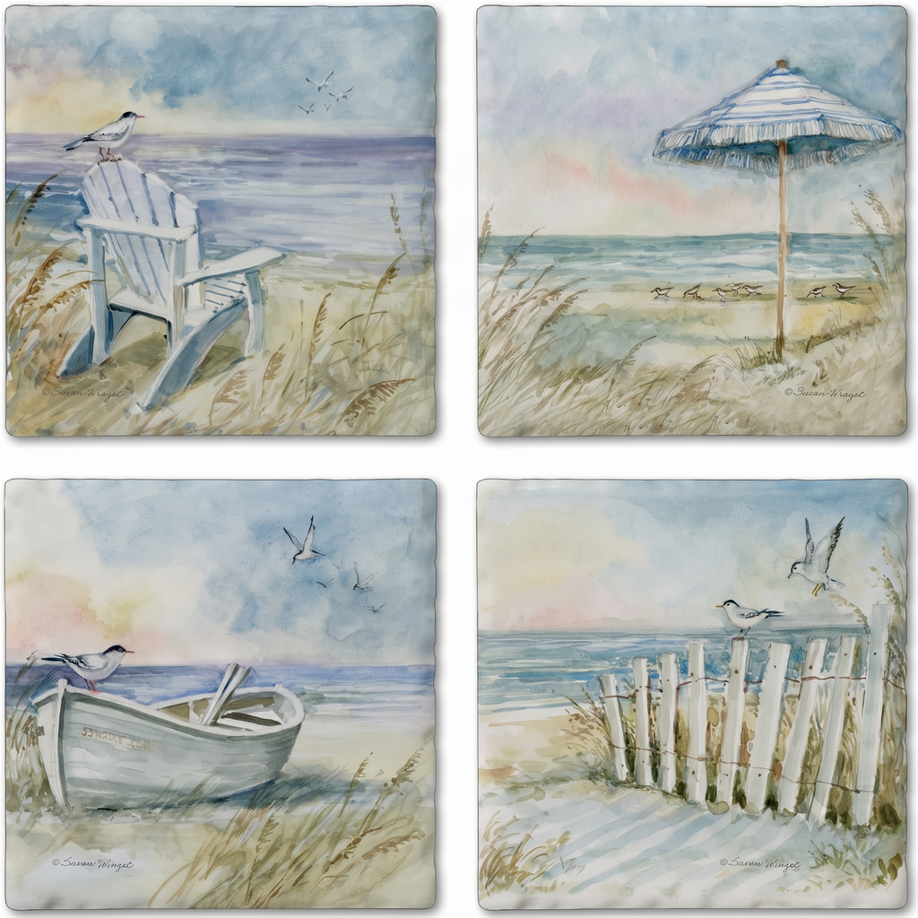 Thirstystone Coastal Sanctuary 4 Pack Assorted Tumbled Tile Stone Coasters with Protective Cork Backing Manufactured in The USA Absorbent Easily Wipes Clean