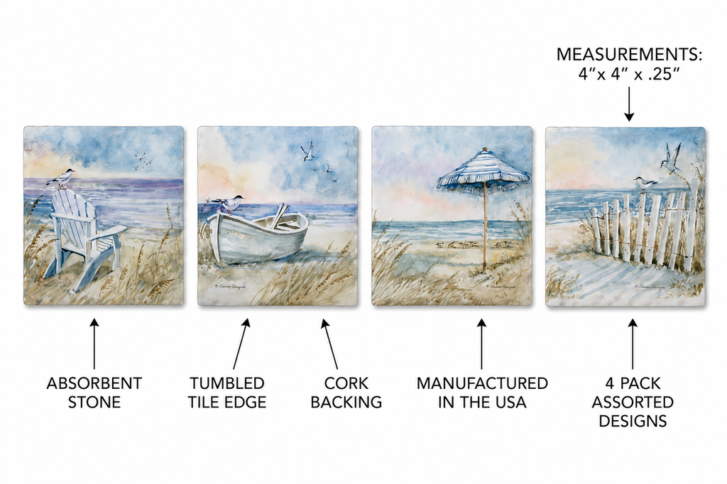 Thirstystone Coastal Sanctuary 4 Pack Assorted Tumbled Tile Stone Coasters with Protective Cork Backing Manufactured in The USA Absorbent Easily Wipes Clean