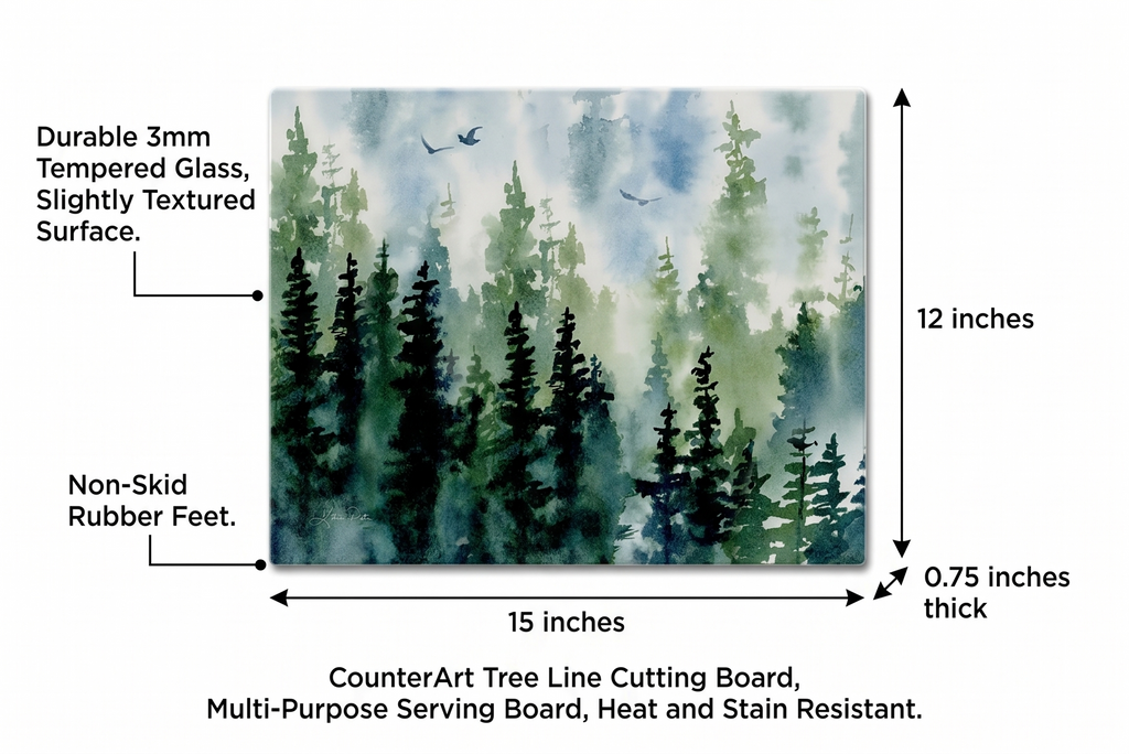 CounterArt Tree Line 3mm Tempered Glass Cutting Board 12" x 15" Serving Board Charcuterie Board