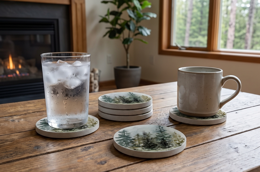 Thirstystone Misty Tree Line 4 Pack Round Natural Sandstone Coasters with Protective Cork Backing Manufactured in The USA Artistic Absorbent Easily Wipes Clean