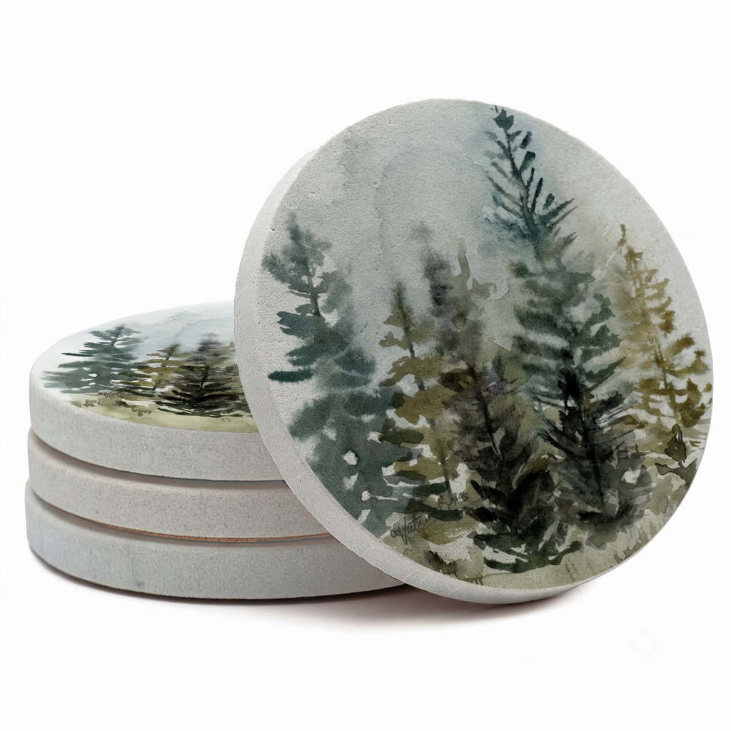 Thirstystone Misty Tree Line 4 Pack Round Natural Sandstone Coasters with Protective Cork Backing Manufactured in The USA Artistic Absorbent Easily Wipes Clean