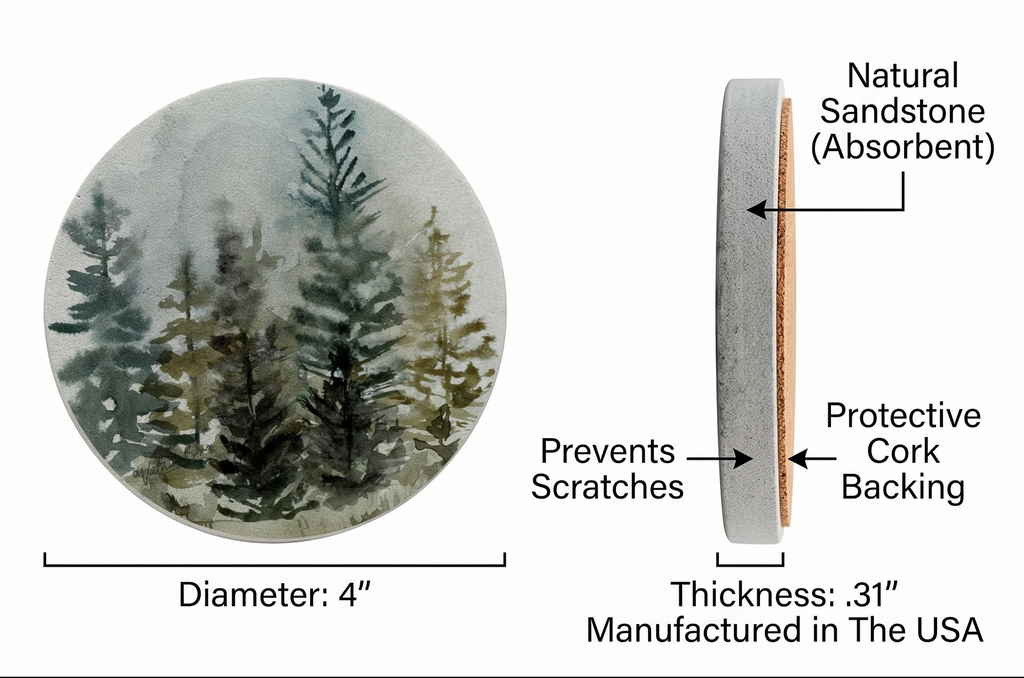 Thirstystone Misty Tree Line 4 Pack Round Natural Sandstone Coasters with Protective Cork Backing Manufactured in The USA Artistic Absorbent Easily Wipes Clean