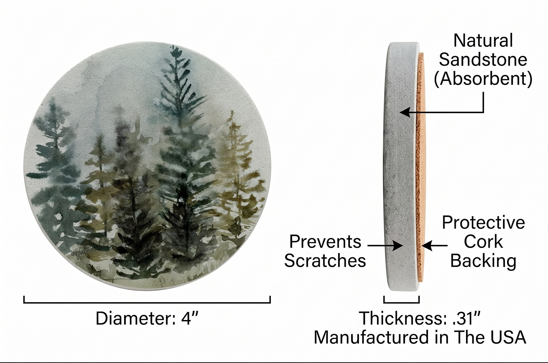 Thirstystone Misty Tree Line 4 Pack Round Natural Sandstone Coasters with Protective Cork Backing Manufactured in The USA Artistic Absorbent Easily Wipes Clean