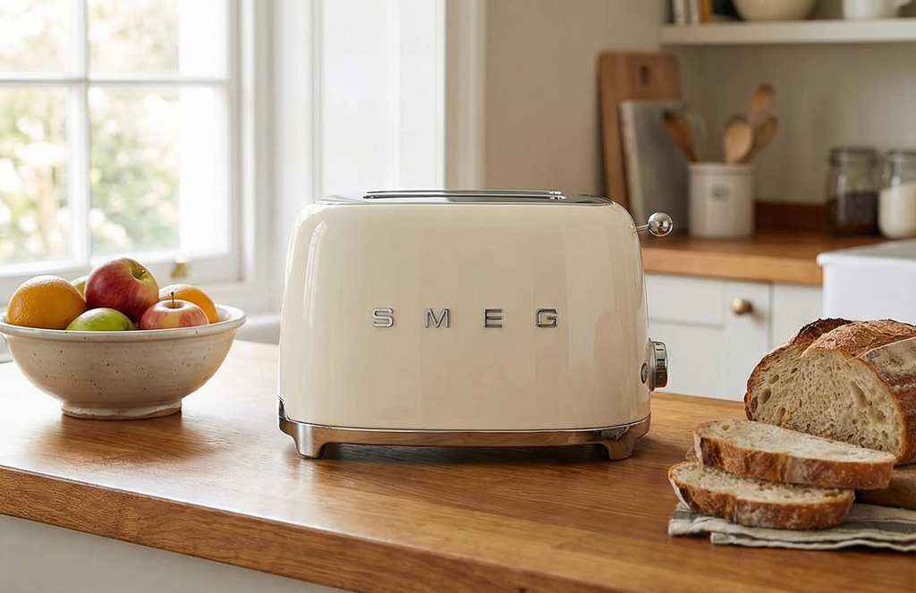 SMEG TSF02 4-Slice Toaster, 50s Retro Style, 2 Extra-Wide Long Slots, Bagel Defrost Reheat Functions, Stainless Steel - Cream