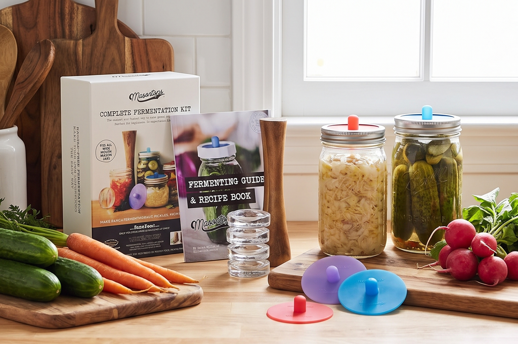 Masontops Complete Mason Jar Fermentation Kit - Pickle Kit, Sauerkraut Making Kit Kimchi Container - Fermentation Airlock Lids Wide Mouth Mason Jars