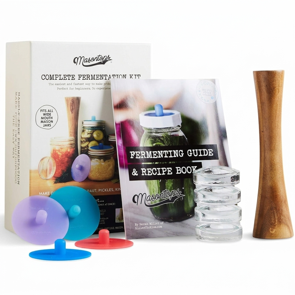 Masontops Complete Mason Jar Fermentation Kit - Pickle Kit, Sauerkraut Making Kit Kimchi Container - Fermentation Airlock Lids Wide Mouth Mason Jars