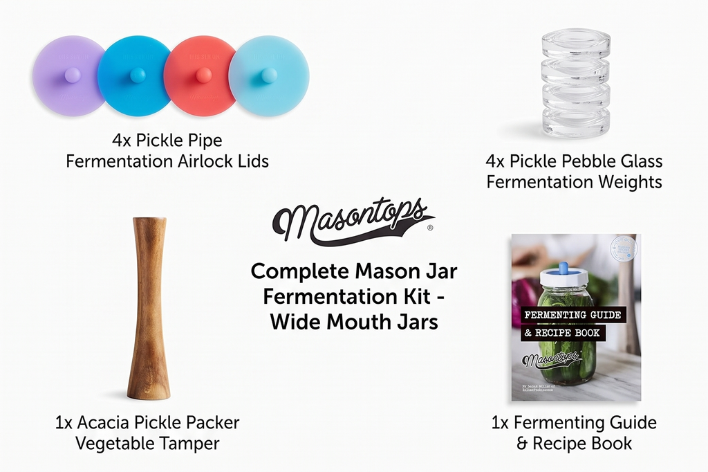 Masontops Complete Mason Jar Fermentation Kit - Pickle Kit, Sauerkraut Making Kit Kimchi Container - Fermentation Airlock Lids Wide Mouth Mason Jars