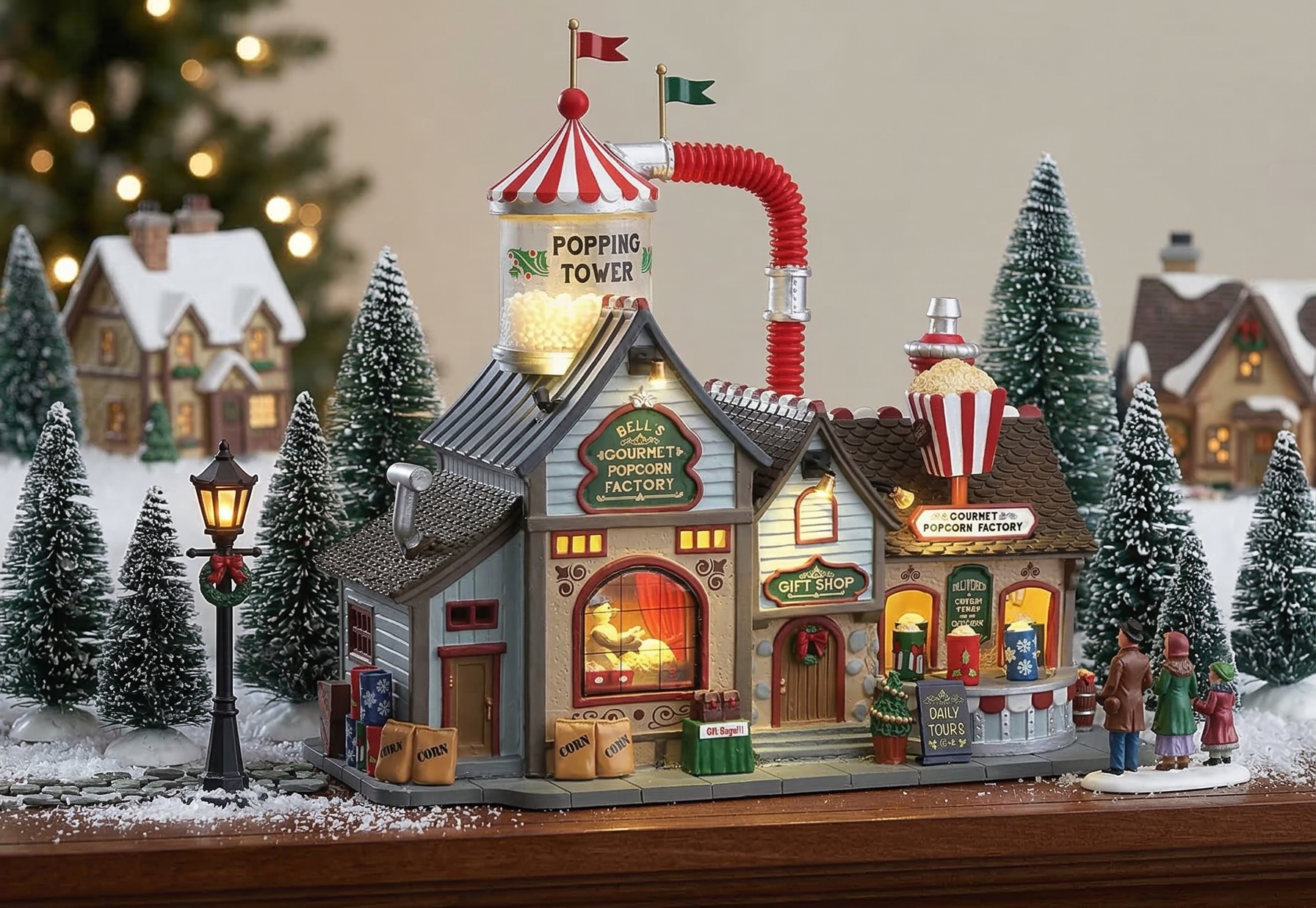 Lemax 75188 Bell's Gourmet Popcorn Factory, Caddington Village Sights & Sounds Collection, Porcelain Polyresin Blend Miniature Building, X'mas Decor/Gift/Collectible, Volume Control, 9.53x11.65x5.91"