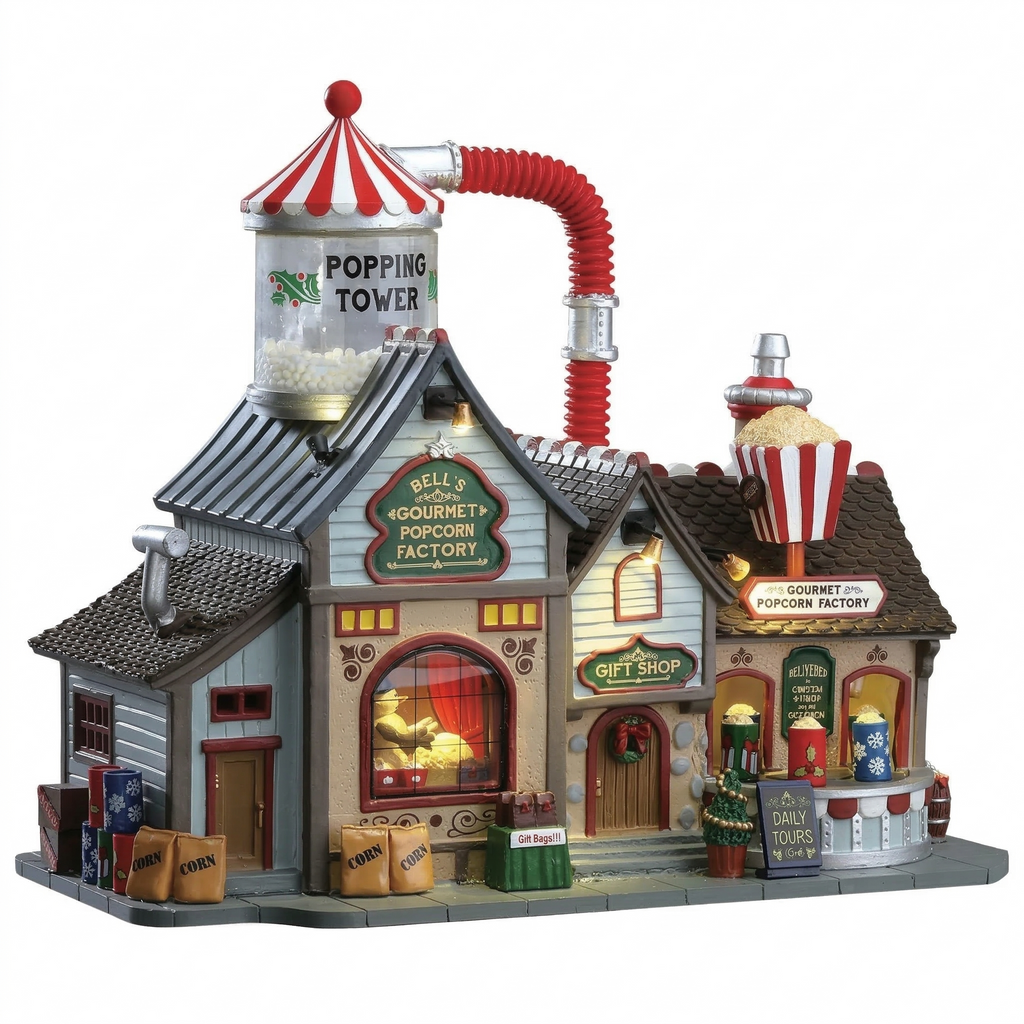 Lemax 75188 Bell's Gourmet Popcorn Factory, Caddington Village Sights & Sounds Collection, Porcelain Polyresin Blend Miniature Building, X'mas Decor/Gift/Collectible, Volume Control, 9.53x11.65x5.91"