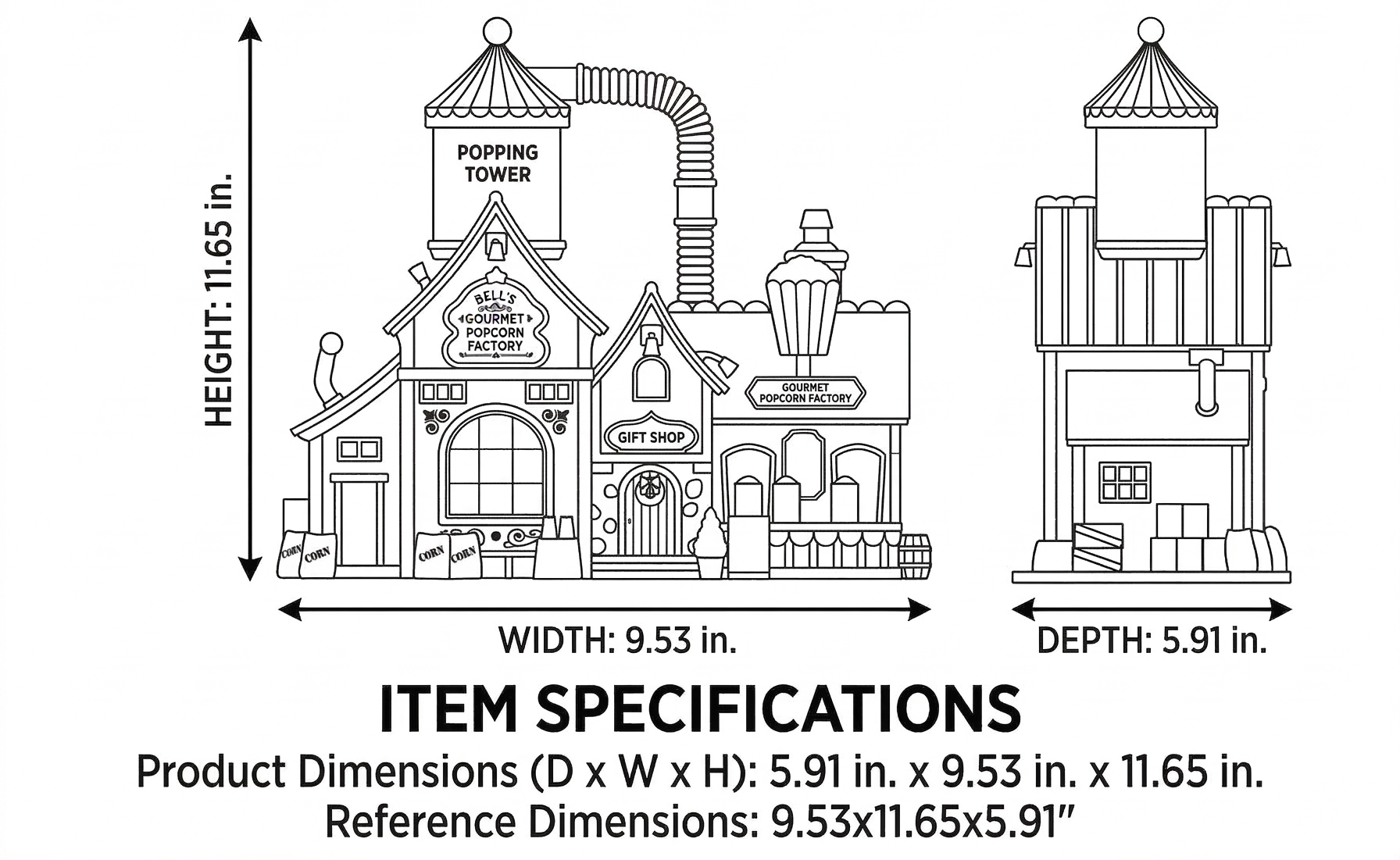 Lemax 75188 Bell's Gourmet Popcorn Factory, Caddington Village Sights & Sounds Collection, Porcelain Polyresin Blend Miniature Building, X'mas Decor/Gift/Collectible, Volume Control, 9.53x11.65x5.91"