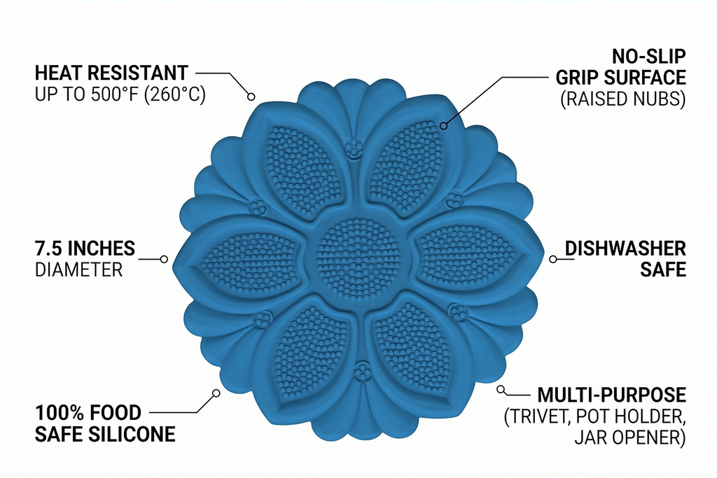 Talisman Designs No-Slip Grip Silicone Hot Pad & Trivet, Surface Protection from Hot Dishes, Up to 500-Degree Heat Resistance, Multipurpose Kitchen Supplies, Blue (Set of 1)