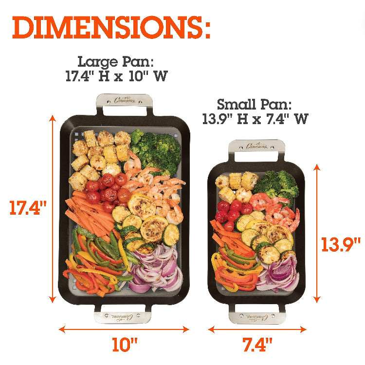 Grill Topper BBQ Grilling Pans (Set of 2) - Non-Stick Barbecue Trays w Stainless Steel Handles for Meat, Vegetables, and Seafood