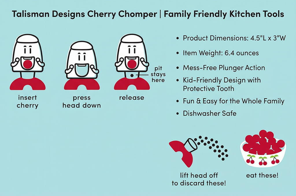 Talisman Designs Cherry Pitter | Family Friendly Kitchen Tools | Fun & Functional Cherry Chomper | Olive & Cherry Seed Picker for Kids | Gift Item