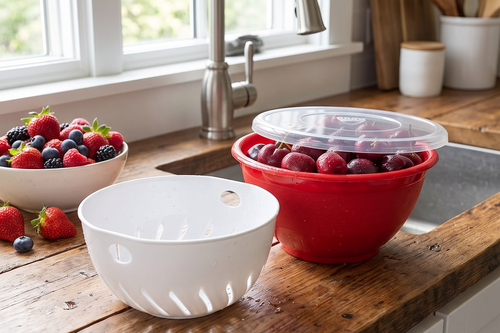 Arrow Home Products Berry Bowl & Berry Colander Set - Fruit Strainer Container with Lid, Rinse Store & Serve - Made in USA, Dishwasher Safe, BPA Free, 1 Quart, Assorted Colors (Either Red or Green)