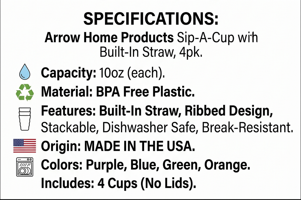 Arrow Home Products Sip-A-Cup with Built-In Straw, 10oz, 4pk - Great for Everyday Use - BPA Free, Made in the USA, Stackable - Purple, Blue, Green, Orange