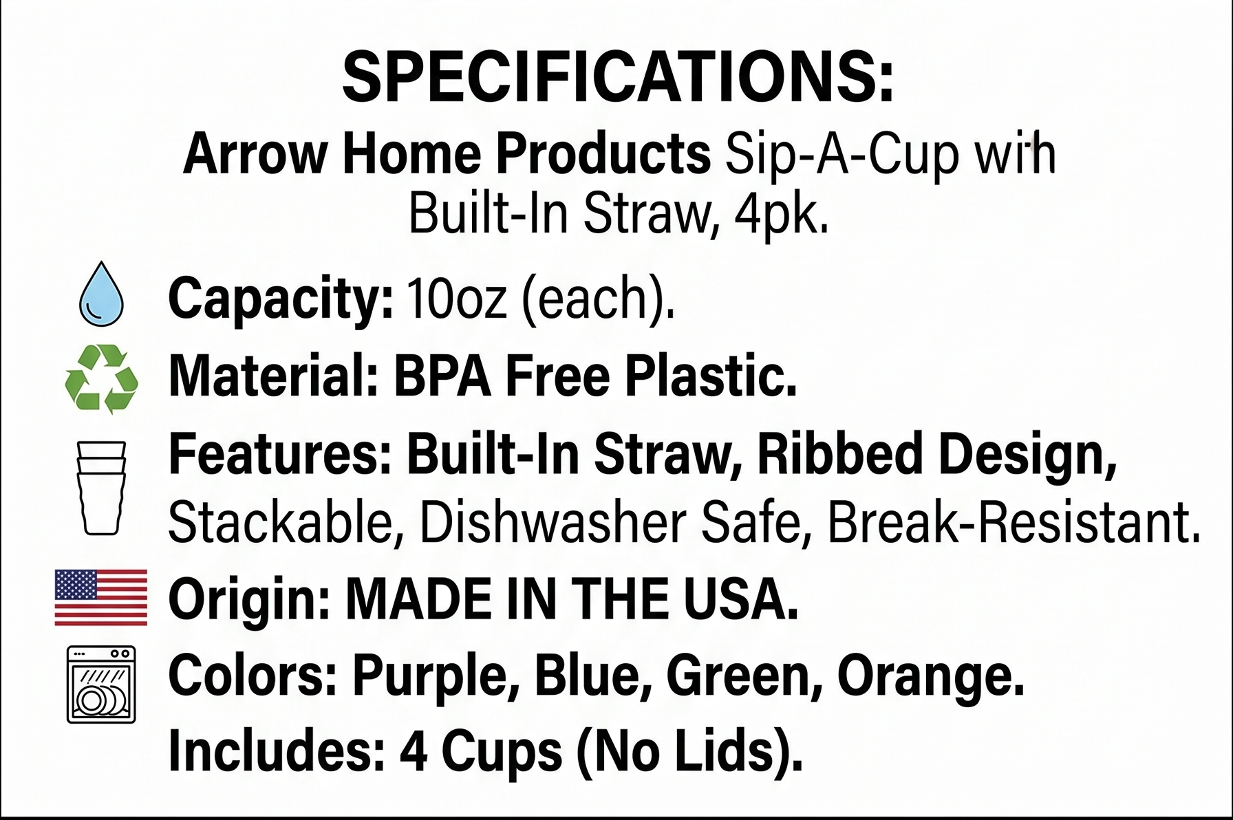Arrow Home Products Sip-A-Cup with Built-In Straw, 10oz, 4pk - Great for Everyday Use - BPA Free, Made in the USA, Stackable - Purple, Blue, Green, Orange
