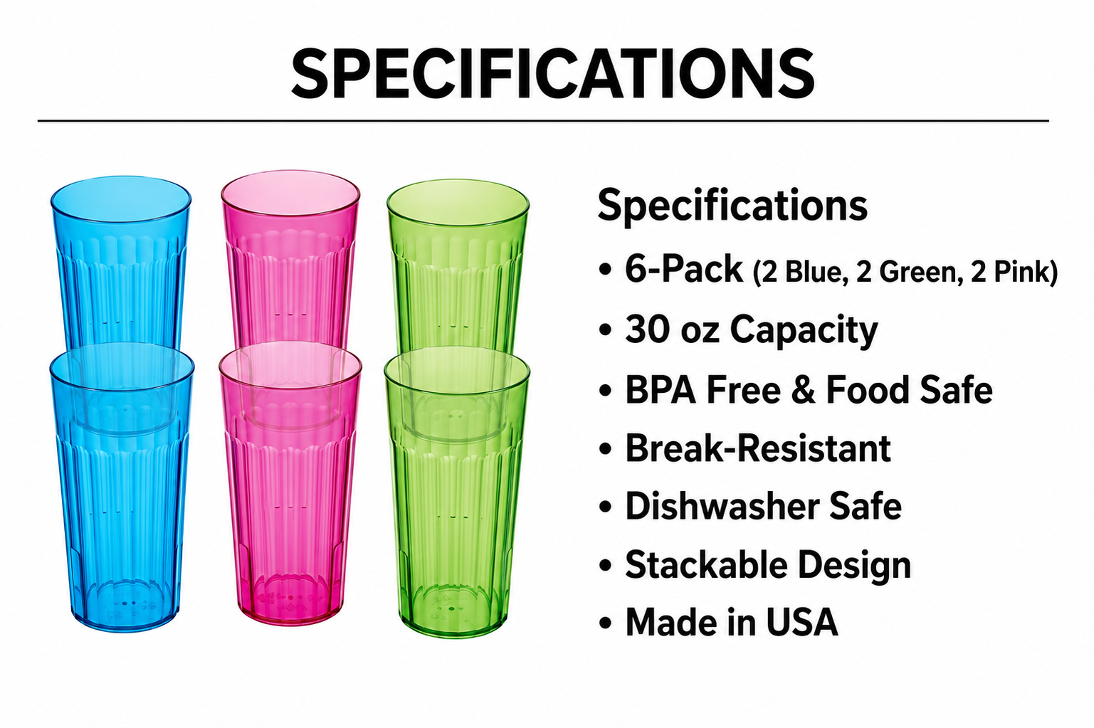Arrow 30 oz Clear Plastic Tumblers - 6 pk - Break-Resistant Drinking Glasses for Indoor & Outdoor Use - Dishwasher Safe - BPA Free - Made in USA