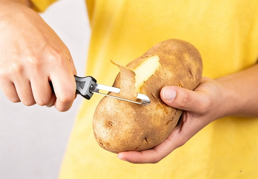 Linden Sweden Soft Grip Peeler - Gray | Rust Resistant Vegetable Peeler with Ergonomic Handle for Safety and Control | Dishwasher Safe Potato Peelers for Kitchen Made in Sweden | 9"L x 2.5"W | 6.5"