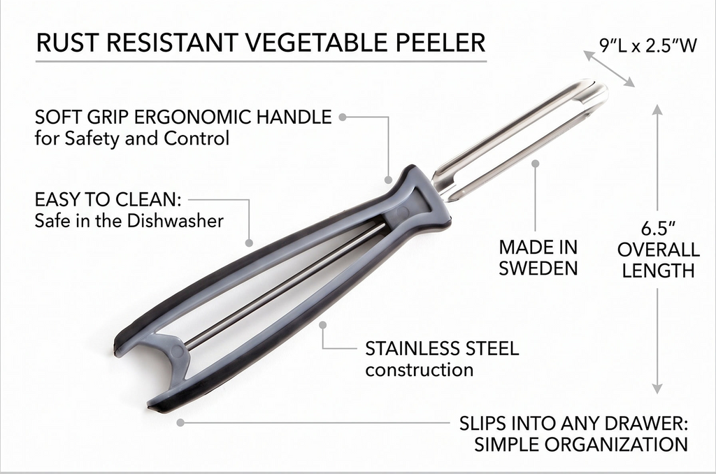 Linden Sweden Soft Grip Peeler - Gray | Rust Resistant Vegetable Peeler with Ergonomic Handle for Safety and Control | Dishwasher Safe Potato Peelers for Kitchen Made in Sweden | 9"L x 2.5"W | 6.5"